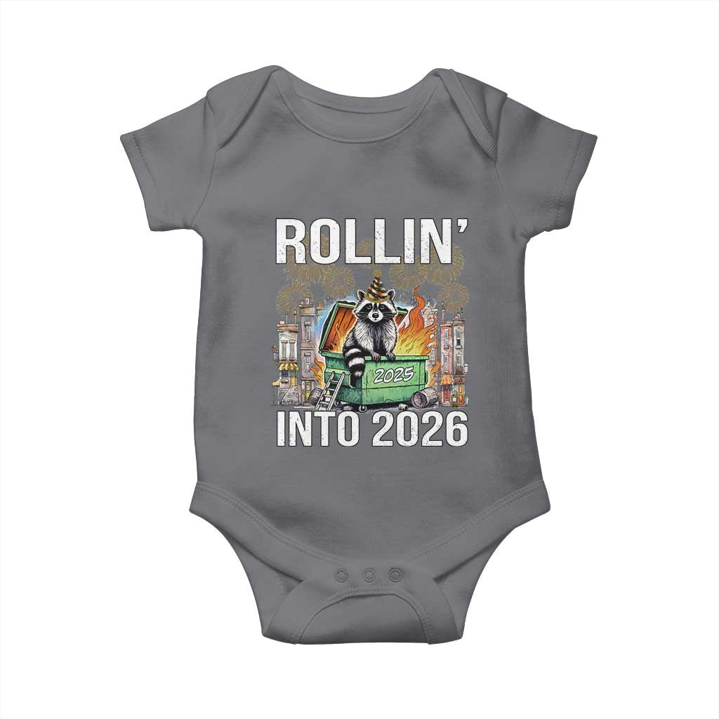 Funny Raccoon Rollin Into 2026 Baby Onesie Happy New Year Dumpster Fire - Wonder Print Shop