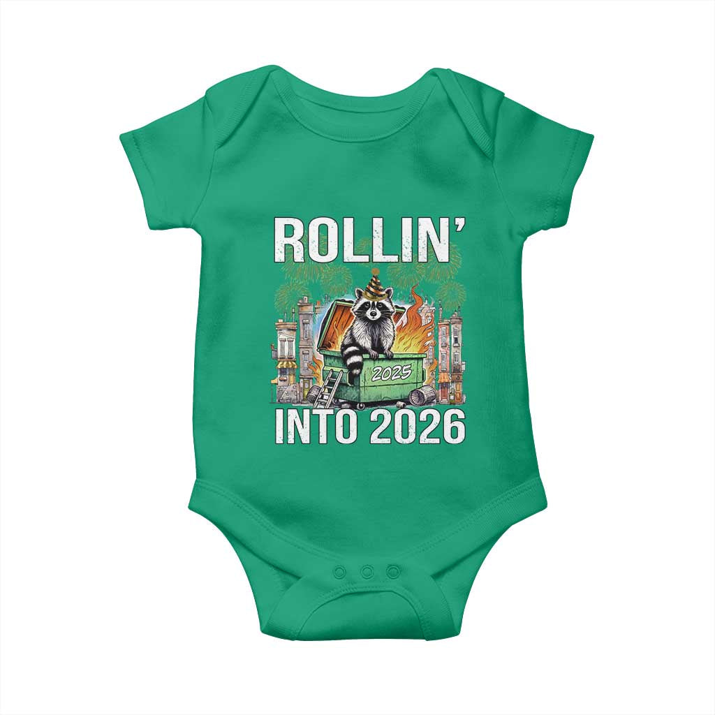 Funny Raccoon Rollin Into 2026 Baby Onesie Happy New Year Dumpster Fire - Wonder Print Shop