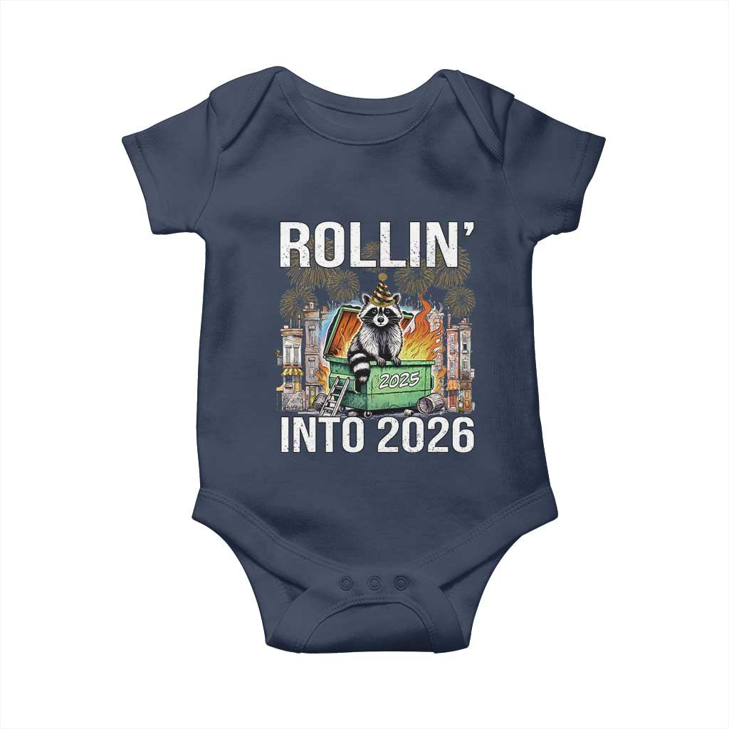 Funny Raccoon Rollin Into 2026 Baby Onesie Happy New Year Dumpster Fire - Wonder Print Shop