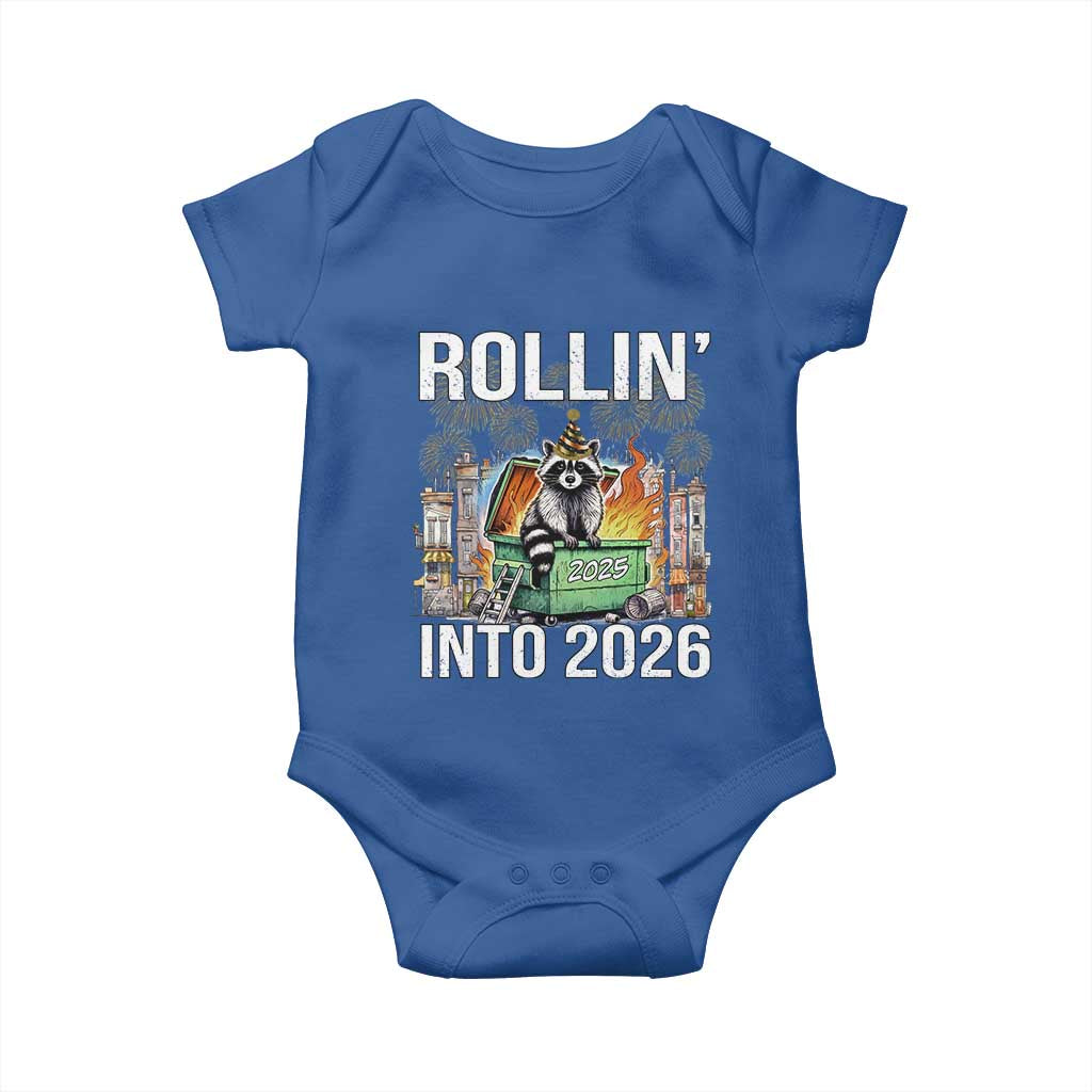 Funny Raccoon Rollin Into 2026 Baby Onesie Happy New Year Dumpster Fire - Wonder Print Shop