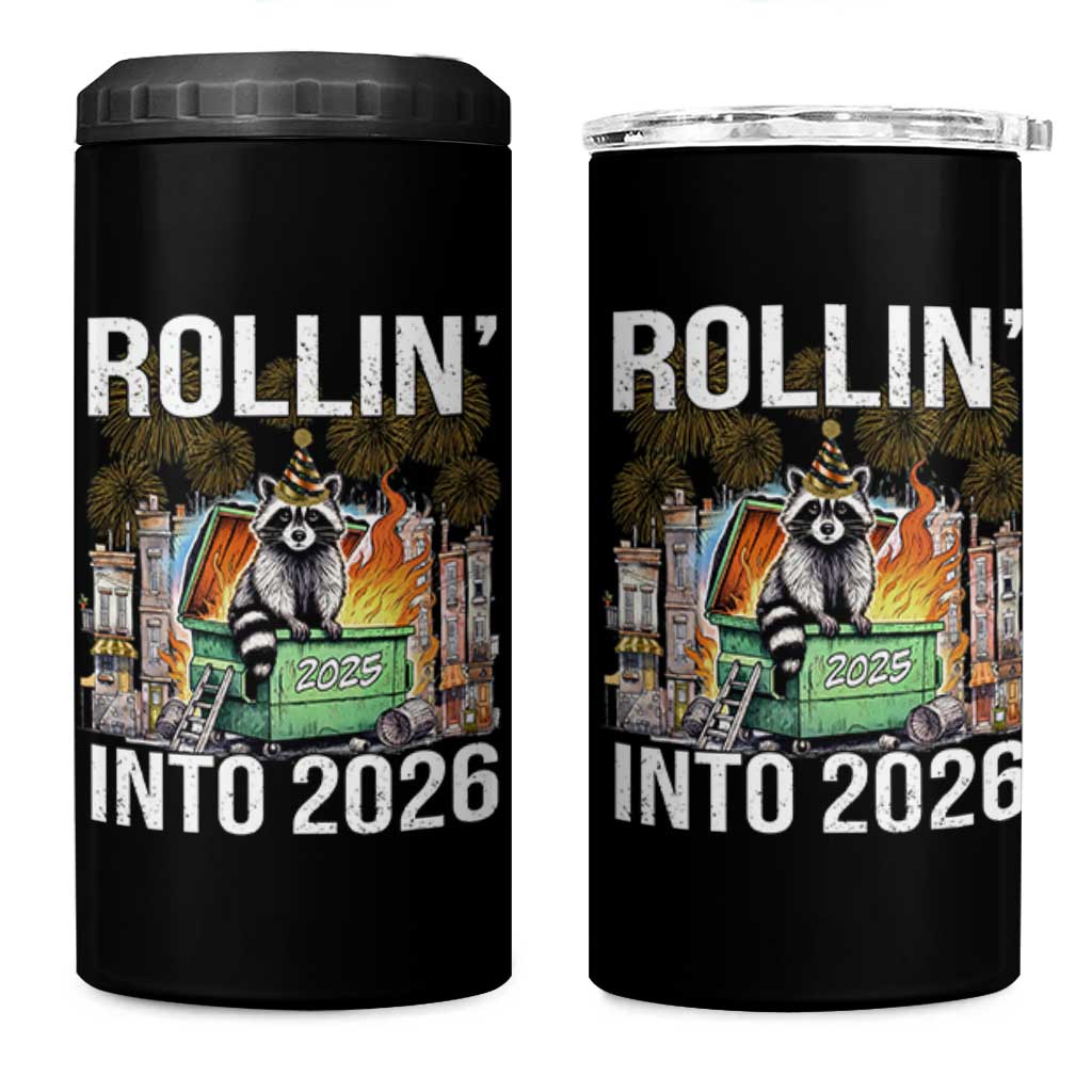 Funny Raccoon Rollin Into 2026 4 in 1 Can Cooler Tumbler Happy New Year Dumpster Fire - Wonder Print Shop