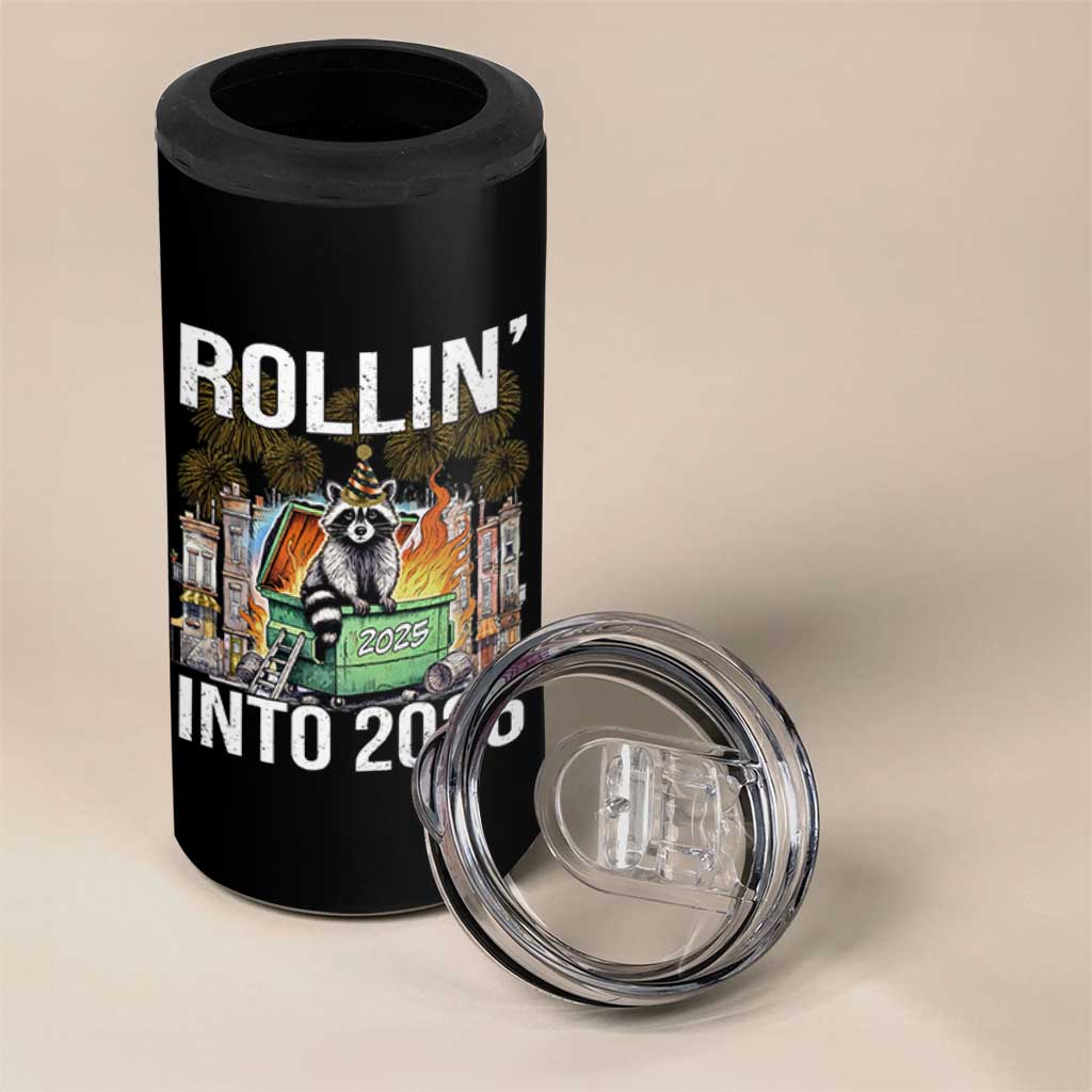 Funny Raccoon Rollin Into 2026 4 in 1 Can Cooler Tumbler Happy New Year Dumpster Fire - Wonder Print Shop