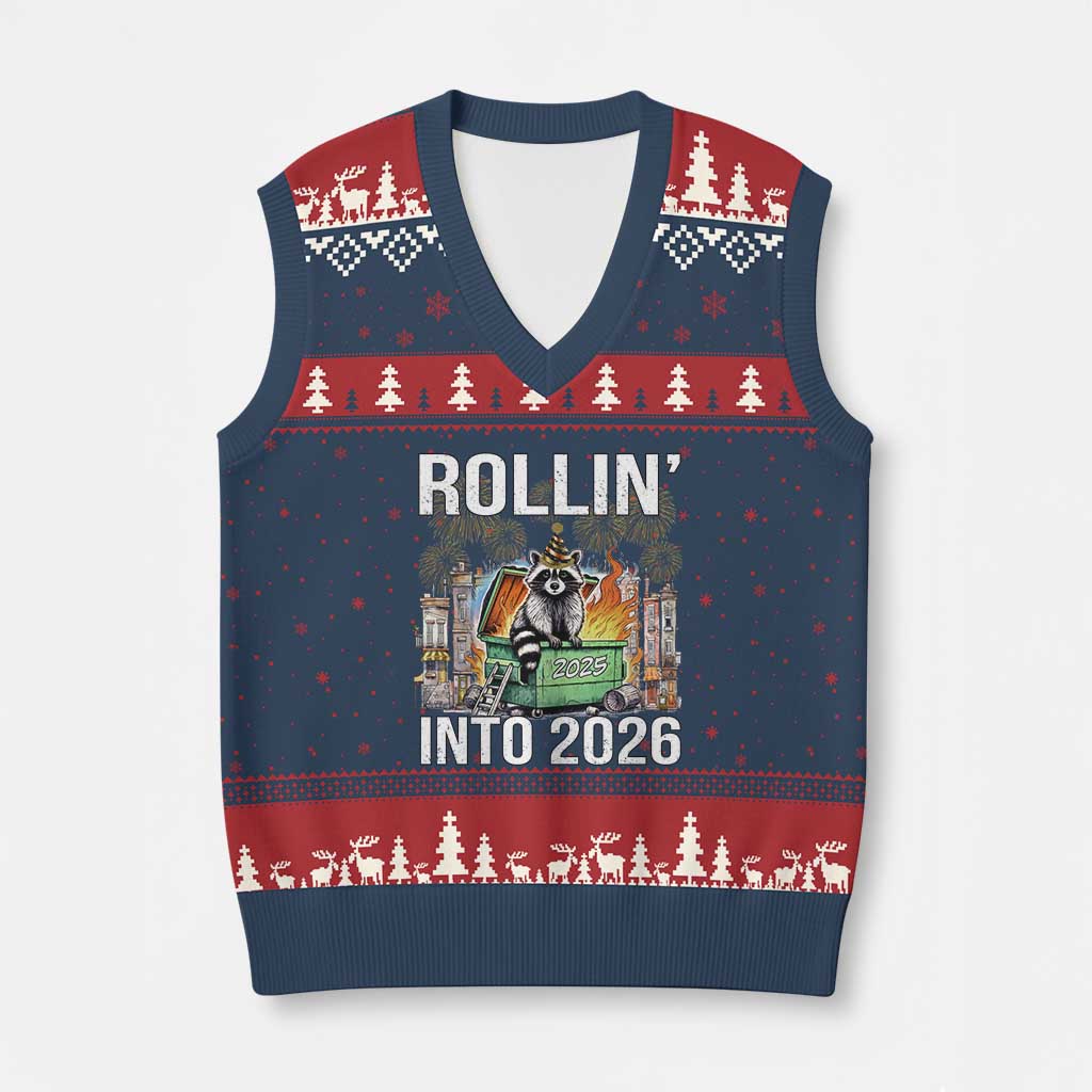 Funny Raccoon Rollin Into 2026 V-Neck Knit Sweater Vest Happy New Year Dumpster Fire - Wonder Print Shop