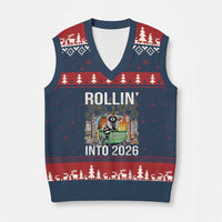 Funny Raccoon Rollin Into 2026 V-Neck Knit Sweater Vest Happy New Year Dumpster Fire - Wonder Print Shop
