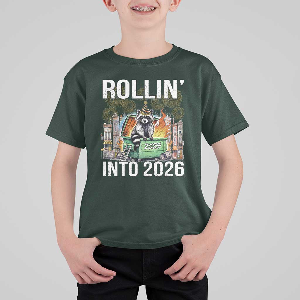 Funny Raccoon Rollin Into 2026 T Shirt For Kid Happy New Year Dumpster Fire - Wonder Print Shop