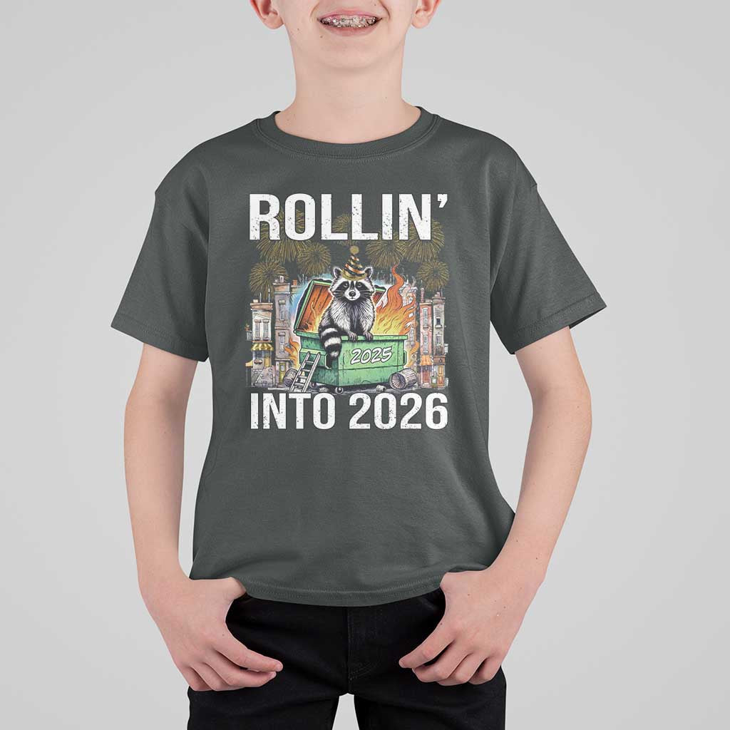 Funny Raccoon Rollin Into 2026 T Shirt For Kid Happy New Year Dumpster Fire - Wonder Print Shop
