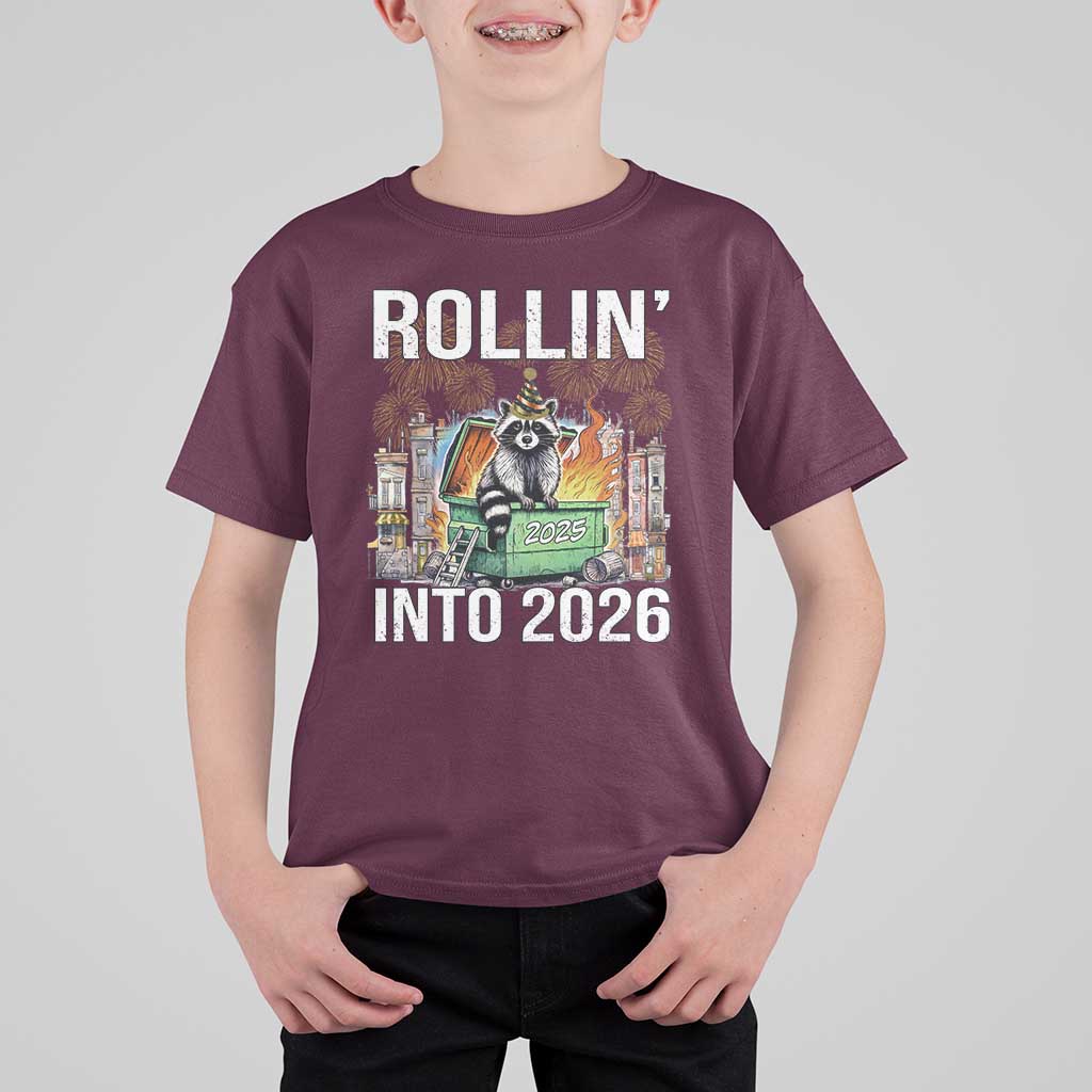 Funny Raccoon Rollin Into 2026 T Shirt For Kid Happy New Year Dumpster Fire - Wonder Print Shop