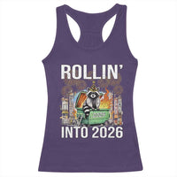 Funny Raccoon Rollin Into 2026 Racerback Tank Top Happy New Year Dumpster Fire - Wonder Print Shop
