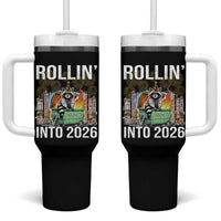 Funny Raccoon Rollin Into 2026 Tumbler With Handle Happy New Year Dumpster Fire - Wonder Print Shop