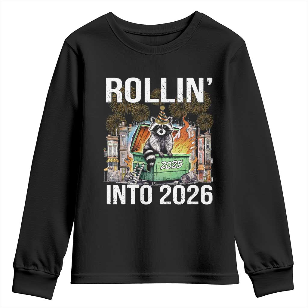 Funny Raccoon Rollin Into 2026 Youth Sweatshirt Happy New Year Dumpster Fire - Wonder Print Shop
