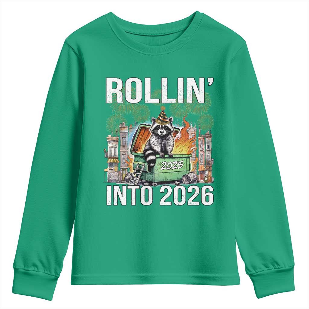 Funny Raccoon Rollin Into 2026 Youth Sweatshirt Happy New Year Dumpster Fire - Wonder Print Shop