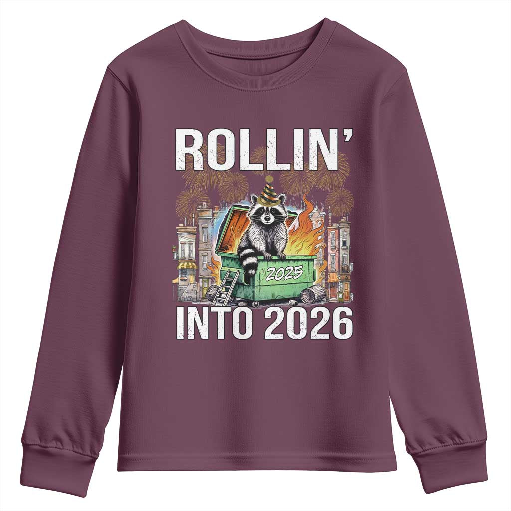 Funny Raccoon Rollin Into 2026 Youth Sweatshirt Happy New Year Dumpster Fire - Wonder Print Shop