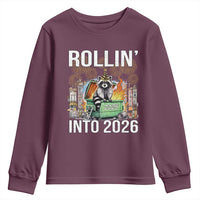 Funny Raccoon Rollin Into 2026 Youth Sweatshirt Happy New Year Dumpster Fire - Wonder Print Shop