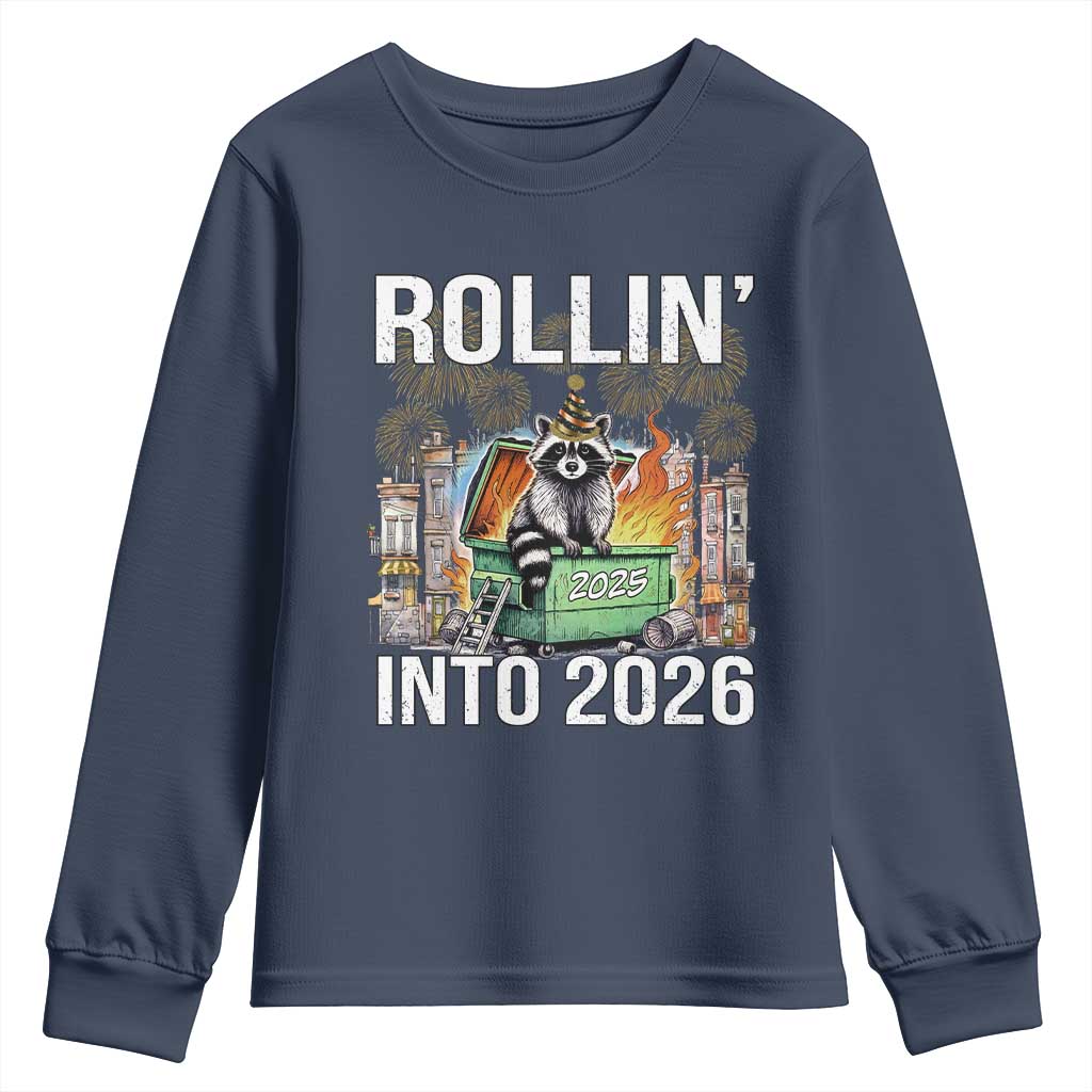 Funny Raccoon Rollin Into 2026 Youth Sweatshirt Happy New Year Dumpster Fire - Wonder Print Shop