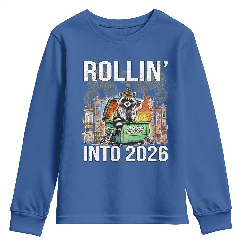 Funny Raccoon Rollin Into 2026 Youth Sweatshirt Happy New Year Dumpster Fire - Wonder Print Shop