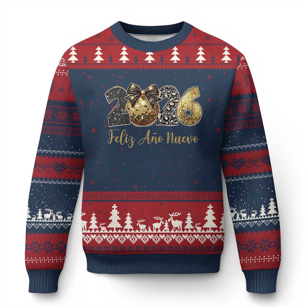 Spanish New Year 2026 Ugly Christmas Sweater Feliz Ano Nuevo NYE Party Disco Ball - Wonder Print Shop