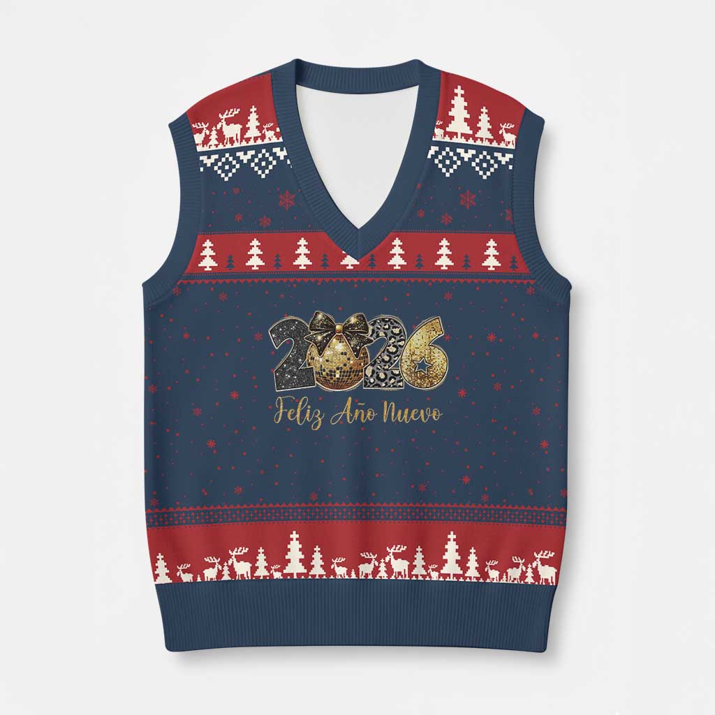 Spanish New Year 2026 V-Neck Knit Sweater Vest Feliz Ano Nuevo NYE Party Disco Ball - Wonder Print Shop