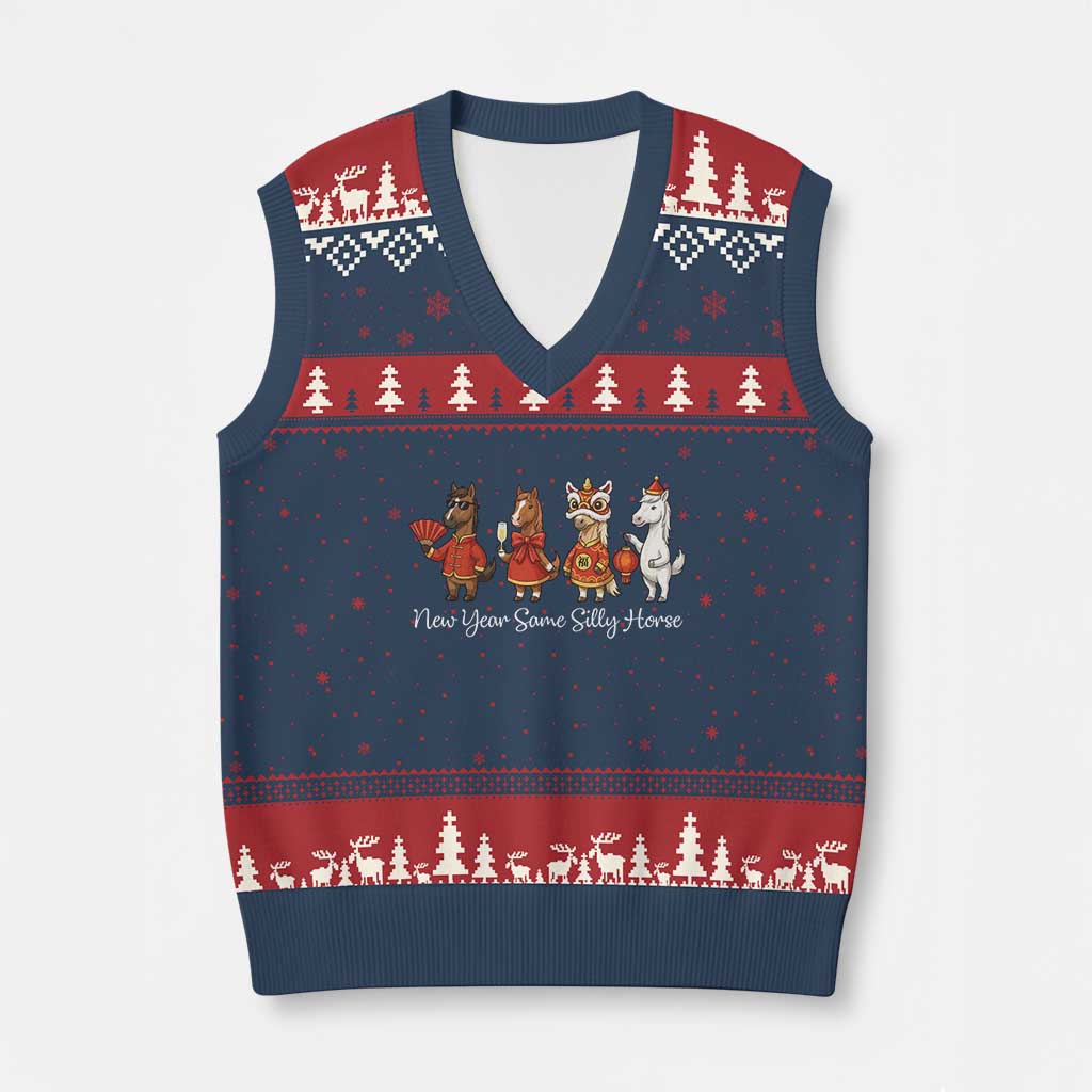 Funny Chinese New Year 2026 V-Neck Knit Sweater Vest New Year Same Silly Horse - Wonder Print Shop