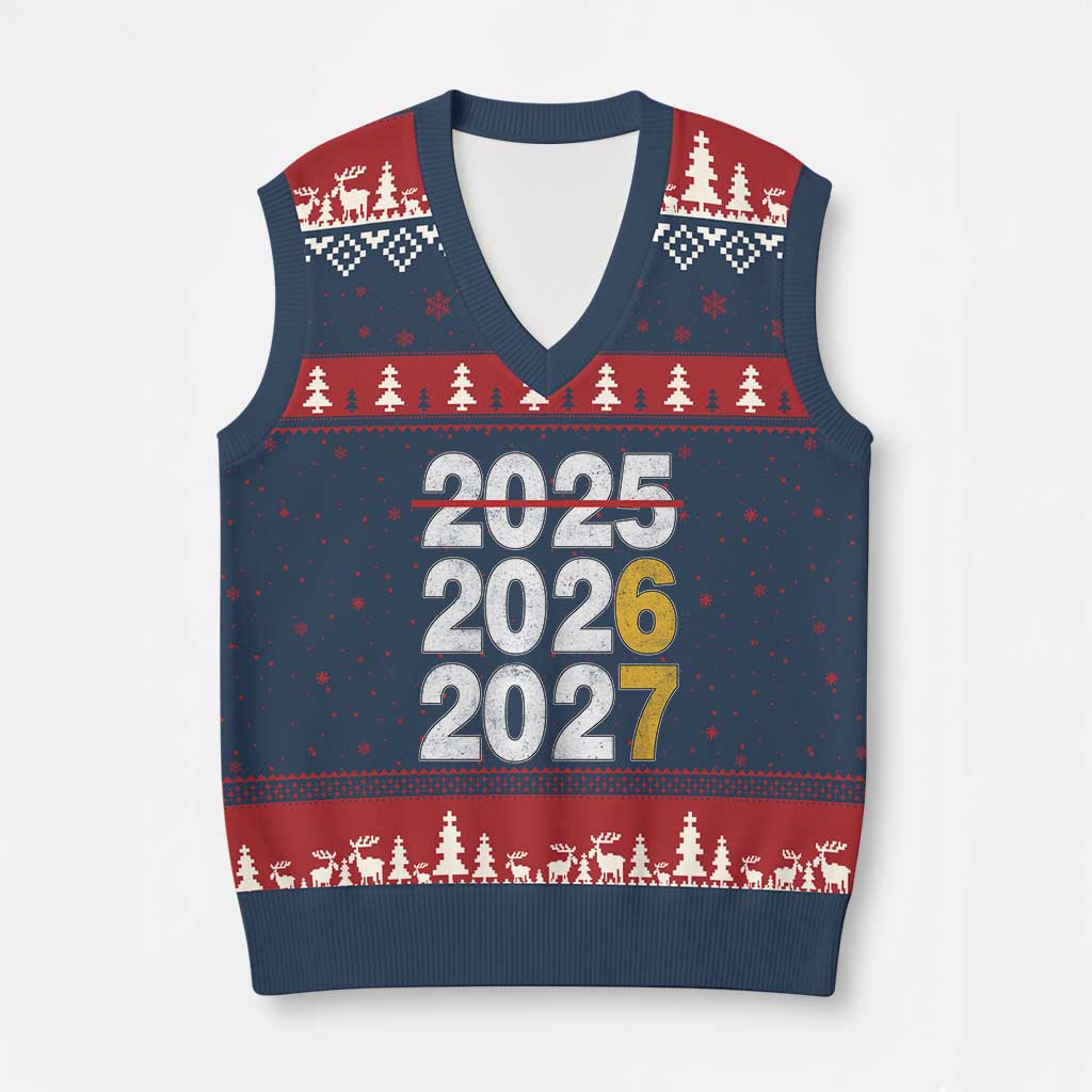 Funny 67 New Year V-Neck Knit Sweater Vest Happy New Year 2026 2027 Six Seven Meme - Wonder Print Shop