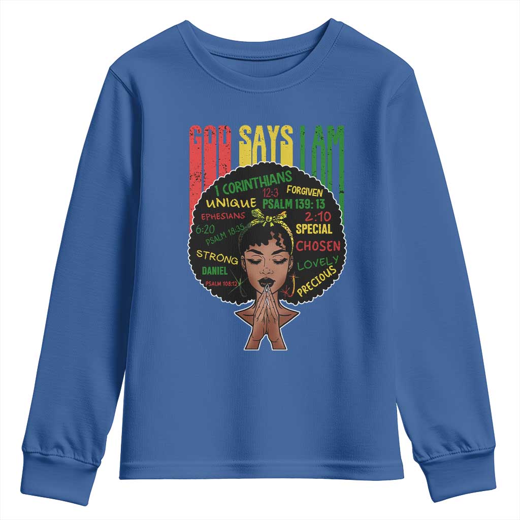 Proud Black African American Youth Sweatshirt God Says I Am Black History Month Afro Girl