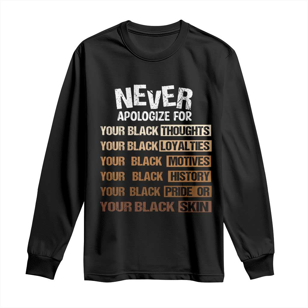Never Apologize For Your Black Thoughts Loyalties Motives History Pride Or Skin Long Sleeve Shirt African American Black History Month