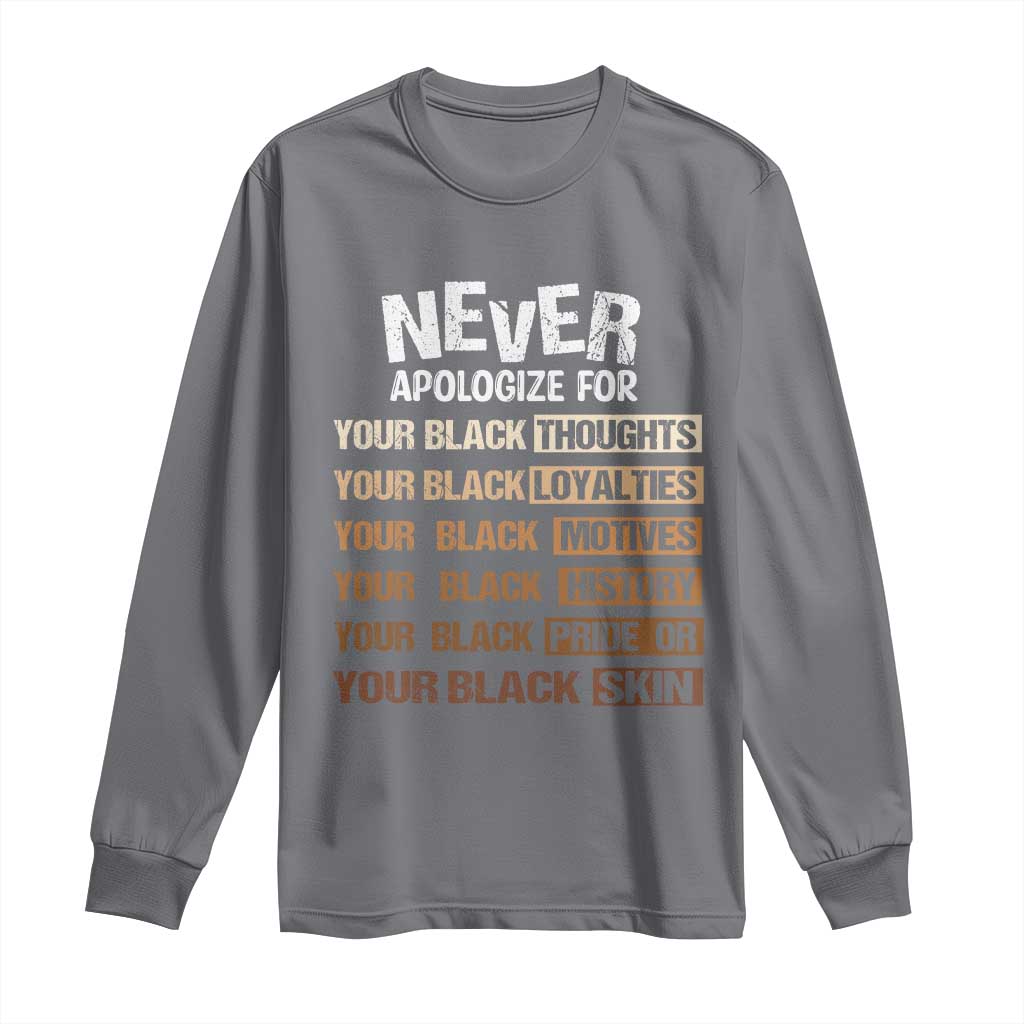 Never Apologize For Your Black Thoughts Loyalties Motives History Pride Or Skin Long Sleeve Shirt African American Black History Month