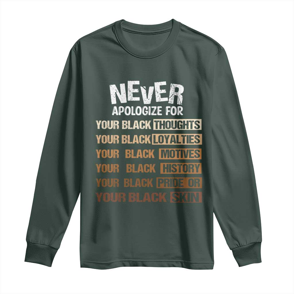 Never Apologize For Your Black Thoughts Loyalties Motives History Pride Or Skin Long Sleeve Shirt African American Black History Month