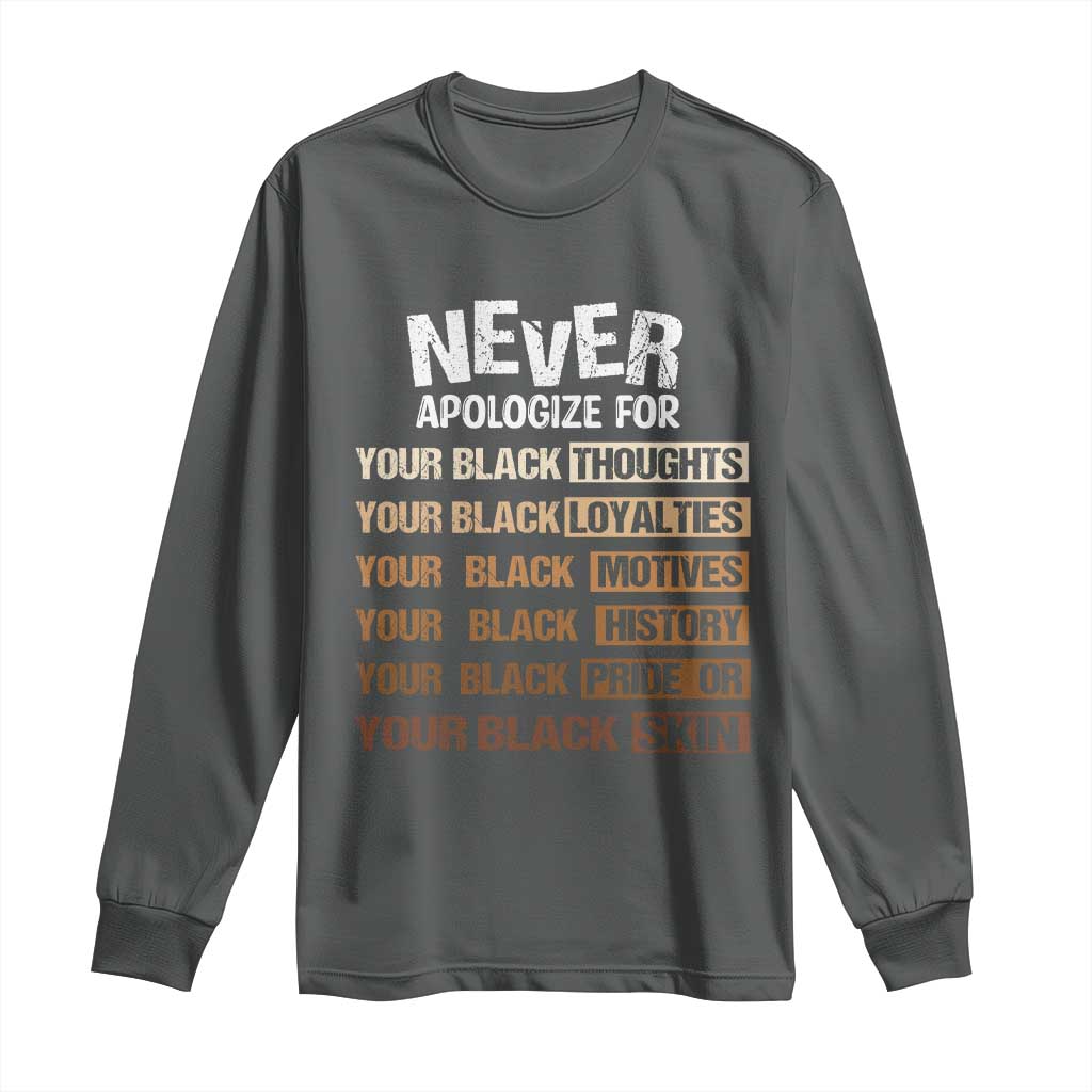 Never Apologize For Your Black Thoughts Loyalties Motives History Pride Or Skin Long Sleeve Shirt African American Black History Month