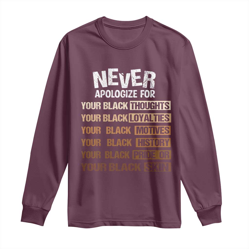 Never Apologize For Your Black Thoughts Loyalties Motives History Pride Or Skin Long Sleeve Shirt African American Black History Month