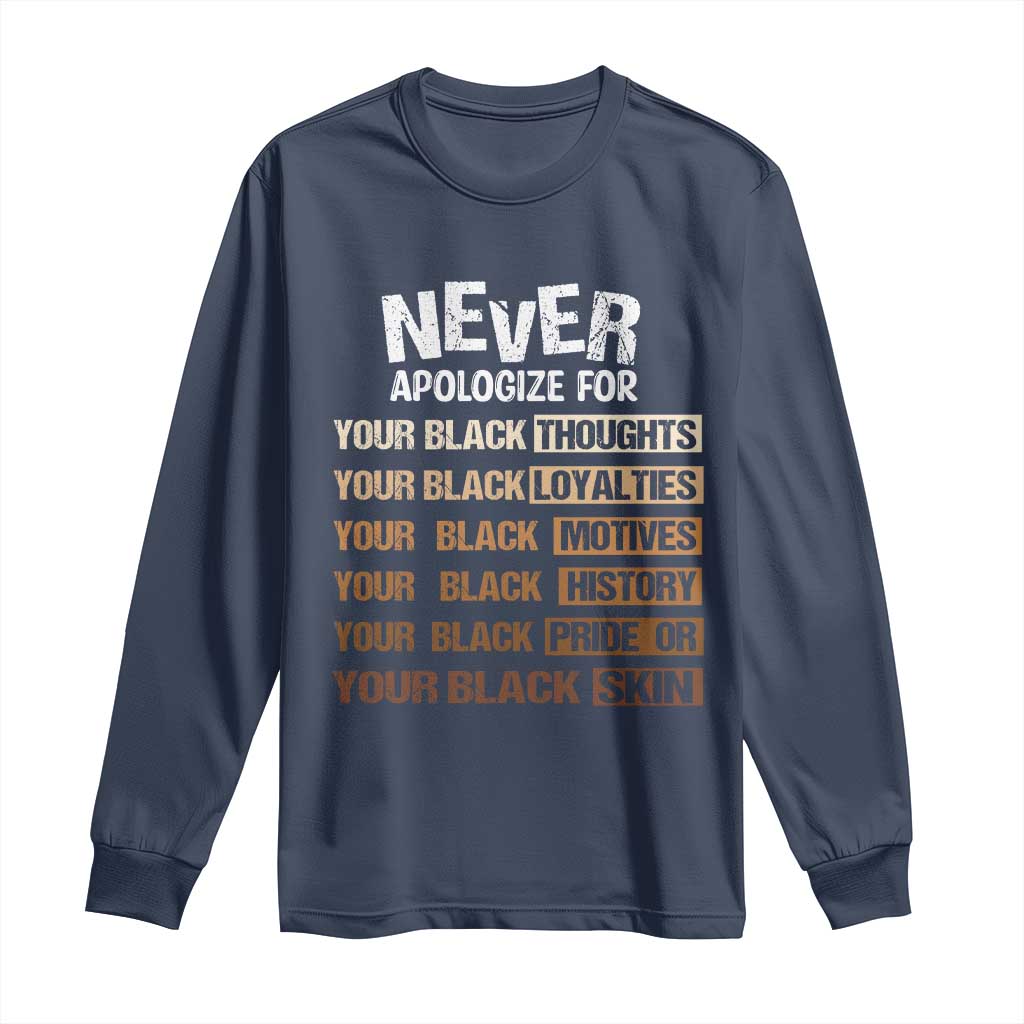 Never Apologize For Your Black Thoughts Loyalties Motives History Pride Or Skin Long Sleeve Shirt African American Black History Month