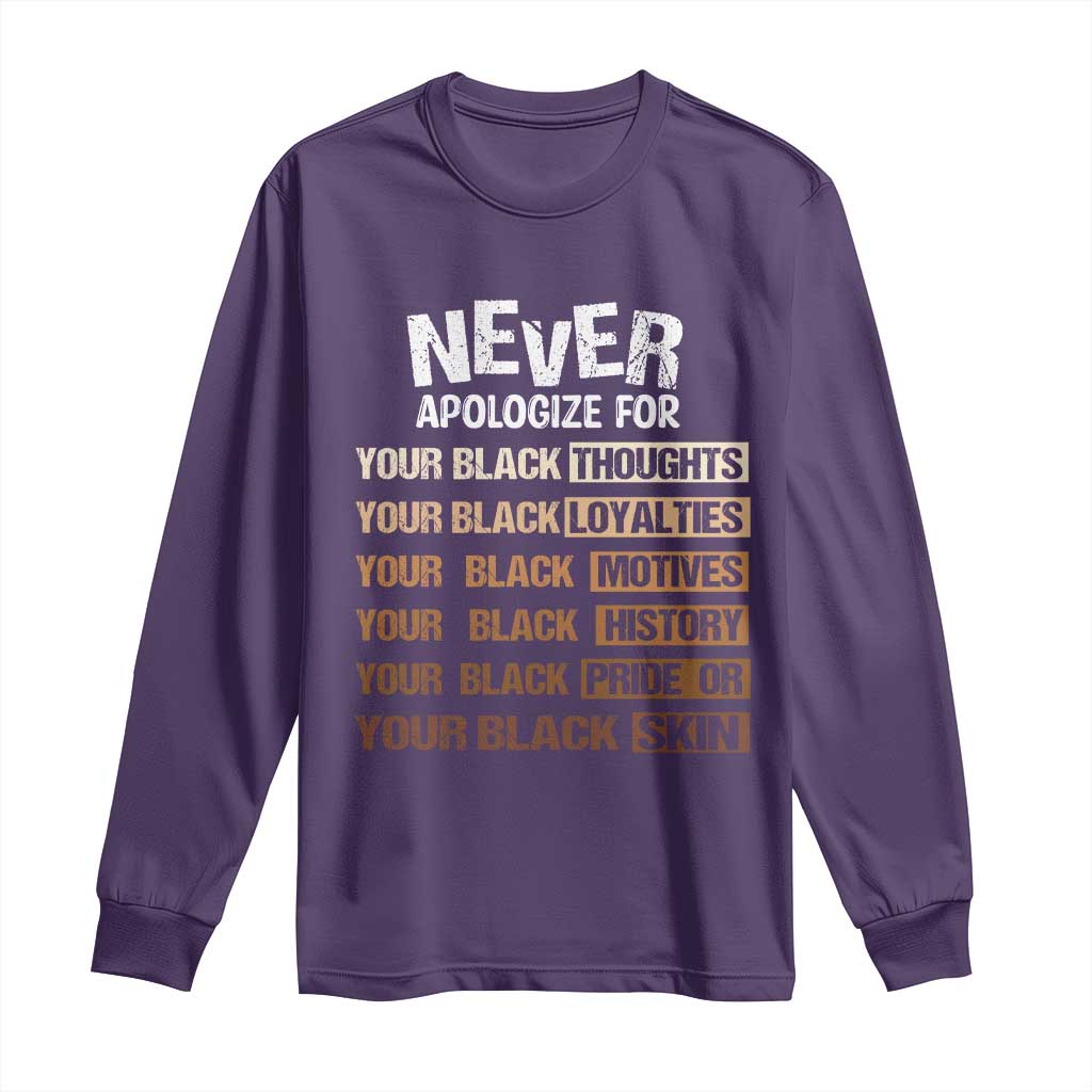 Never Apologize For Your Black Thoughts Loyalties Motives History Pride Or Skin Long Sleeve Shirt African American Black History Month