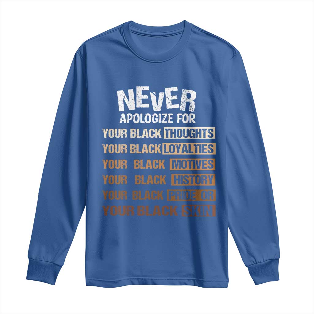 Never Apologize For Your Black Thoughts Loyalties Motives History Pride Or Skin Long Sleeve Shirt African American Black History Month