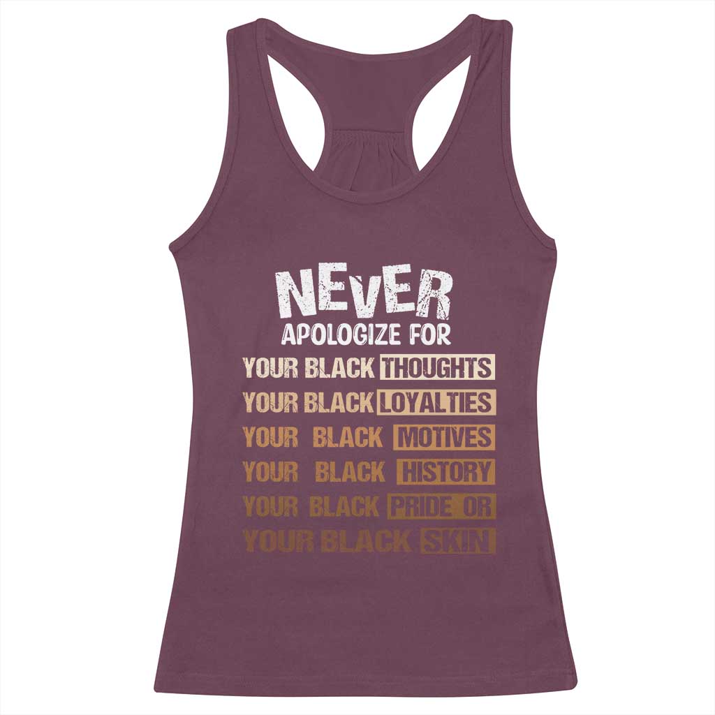 Never Apologize For Your Black Thoughts Loyalties Motives History Pride Or Skin Racerback Tank Top African American Black History Month