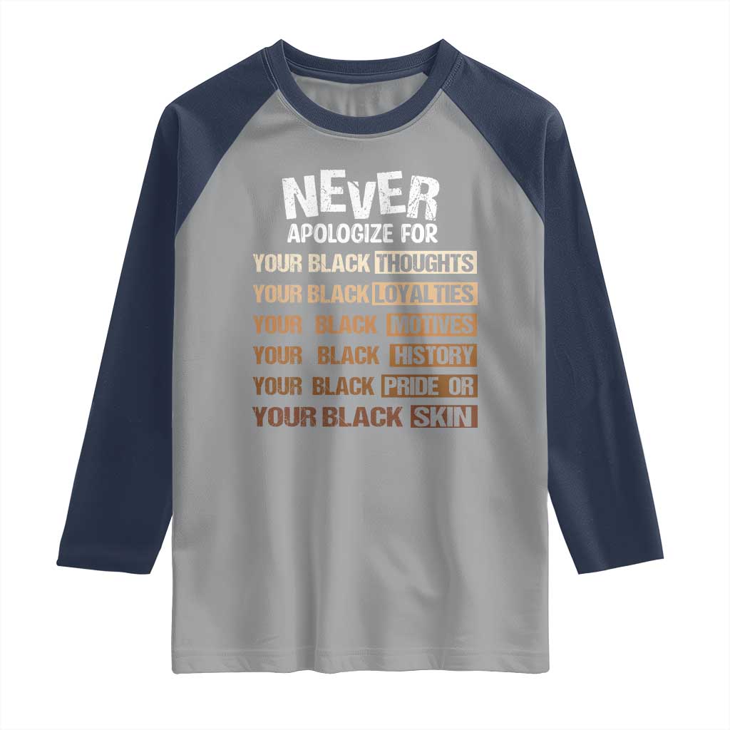 Never Apologize For Your Black Thoughts Loyalties Motives History Pride Or Skin Raglan Shirt African American Black History Month