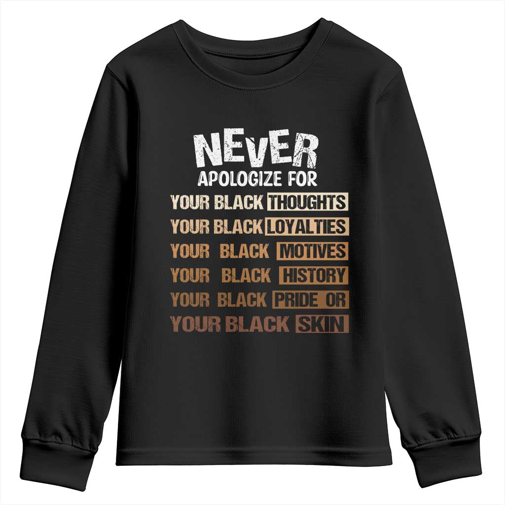 Never Apologize For Your Black Thoughts Loyalties Motives History Pride Or Skin Youth Sweatshirt African American Black History Month