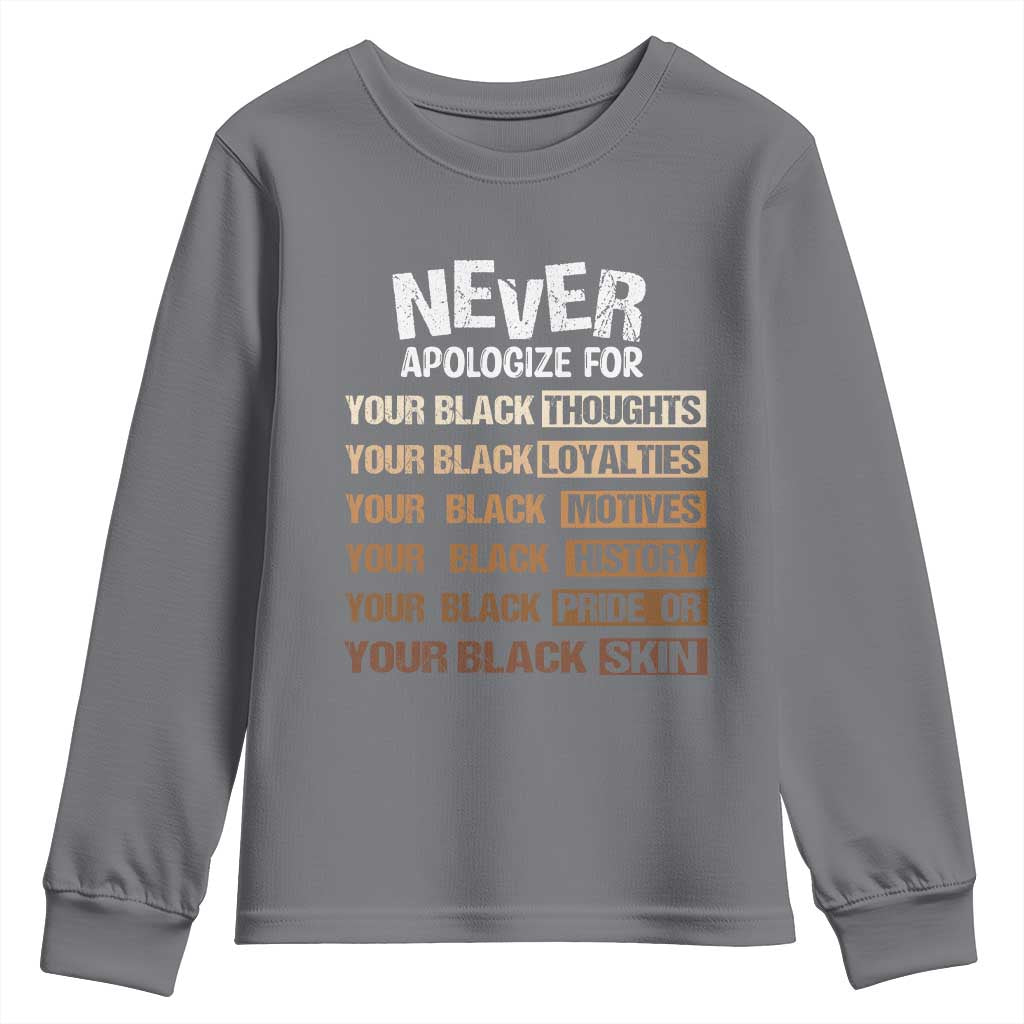Never Apologize For Your Black Thoughts Loyalties Motives History Pride Or Skin Youth Sweatshirt African American Black History Month