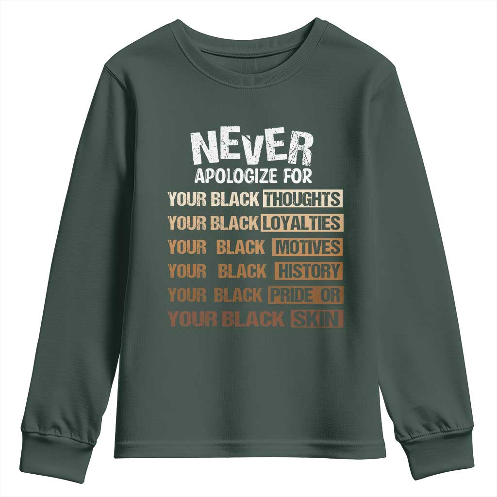 Never Apologize For Your Black Thoughts Loyalties Motives History Pride Or Skin Youth Sweatshirt African American Black History Month