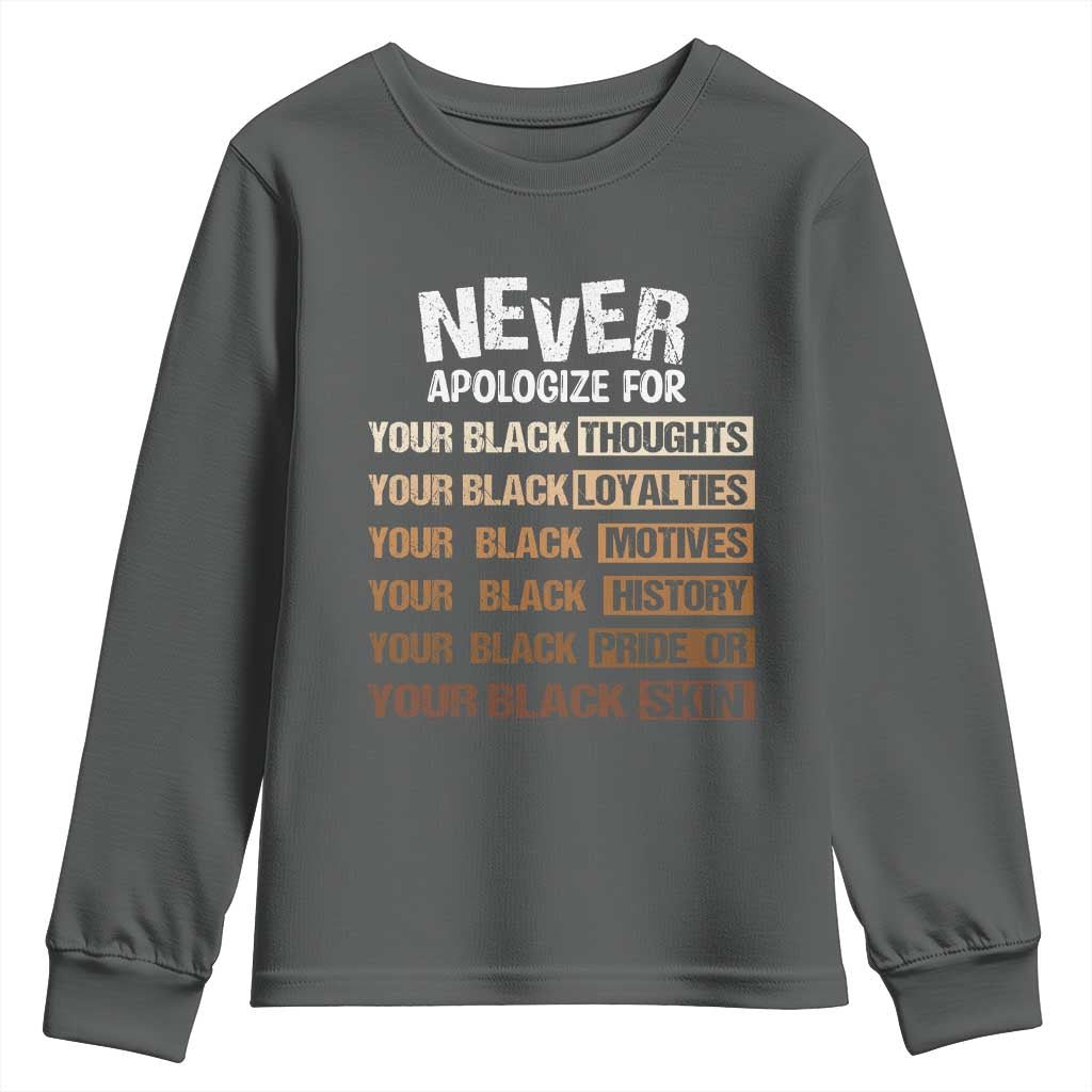 Never Apologize For Your Black Thoughts Loyalties Motives History Pride Or Skin Youth Sweatshirt African American Black History Month
