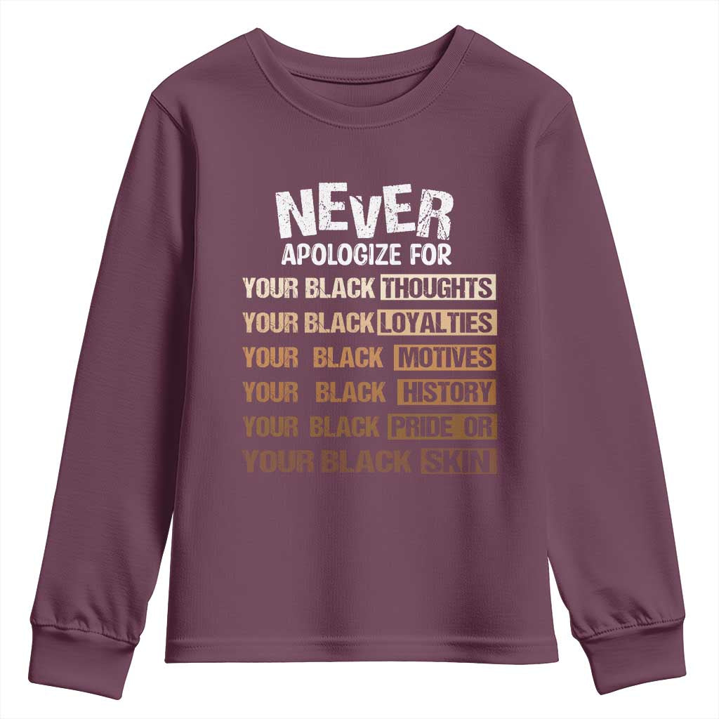 Never Apologize For Your Black Thoughts Loyalties Motives History Pride Or Skin Youth Sweatshirt African American Black History Month