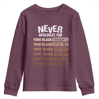 Never Apologize For Your Black Thoughts Loyalties Motives History Pride Or Skin Youth Sweatshirt African American Black History Month