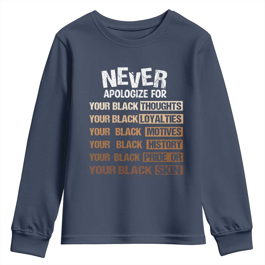 Never Apologize For Your Black Thoughts Loyalties Motives History Pride Or Skin Youth Sweatshirt African American Black History Month