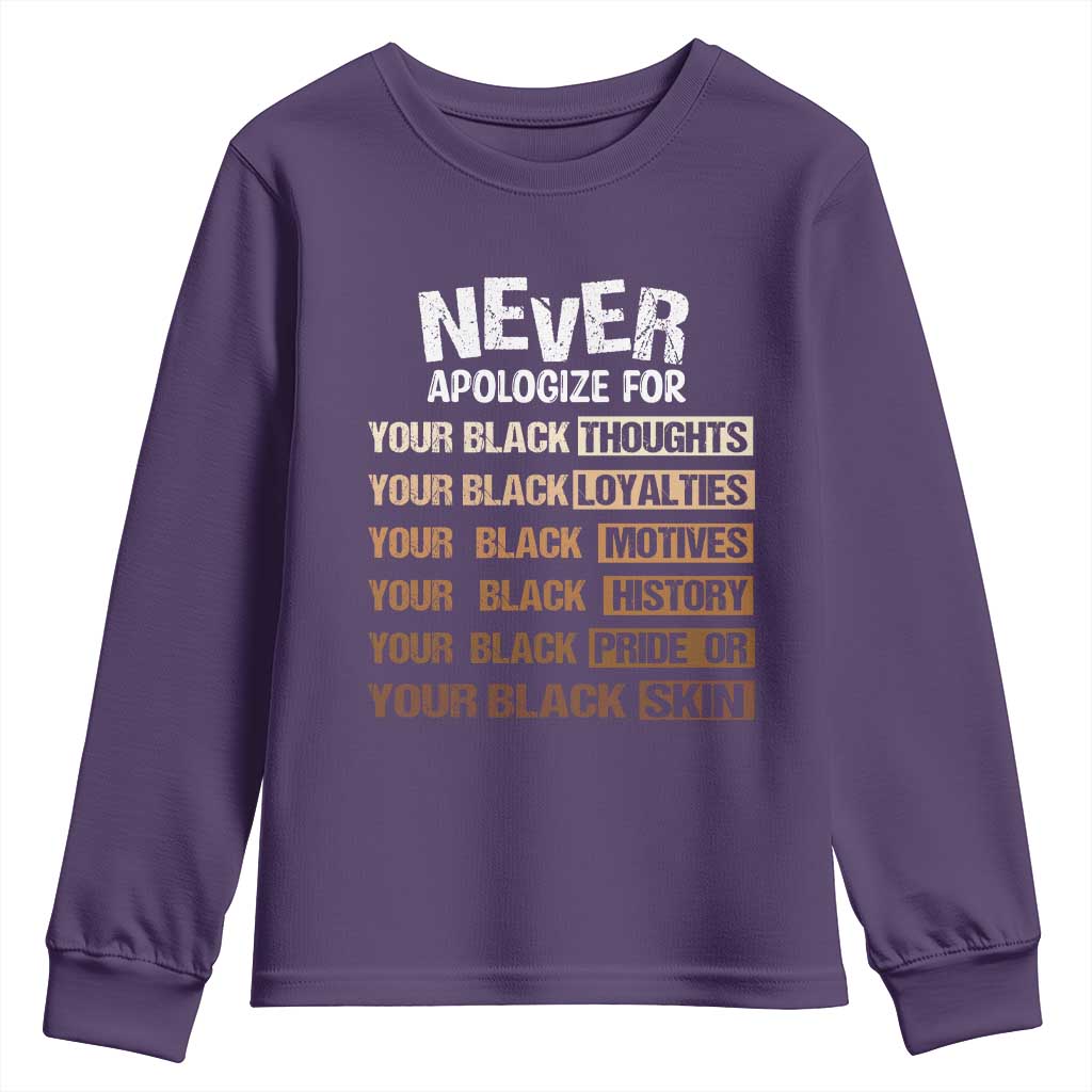 Never Apologize For Your Black Thoughts Loyalties Motives History Pride Or Skin Youth Sweatshirt African American Black History Month