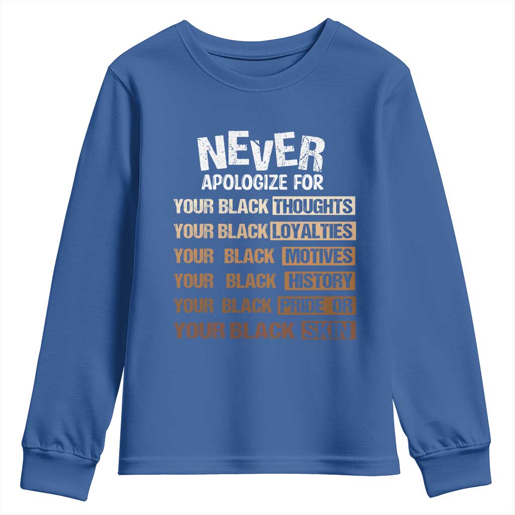 Never Apologize For Your Black Thoughts Loyalties Motives History Pride Or Skin Youth Sweatshirt African American Black History Month