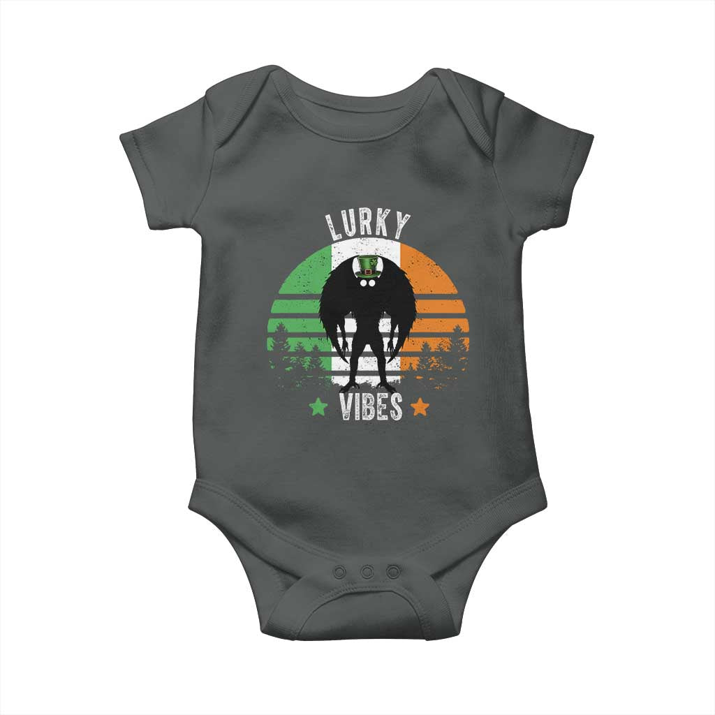 Funny St Patrick's Day Mothman Baby Onesie Lurky Vibes Shamrock Retro Ireland Flag