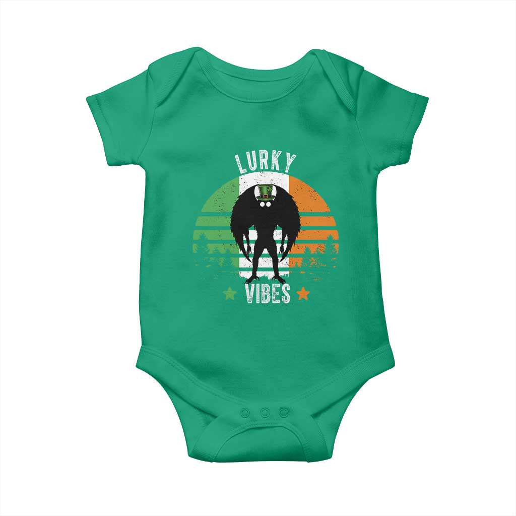 Funny St Patrick's Day Mothman Baby Onesie Lurky Vibes Shamrock Retro Ireland Flag