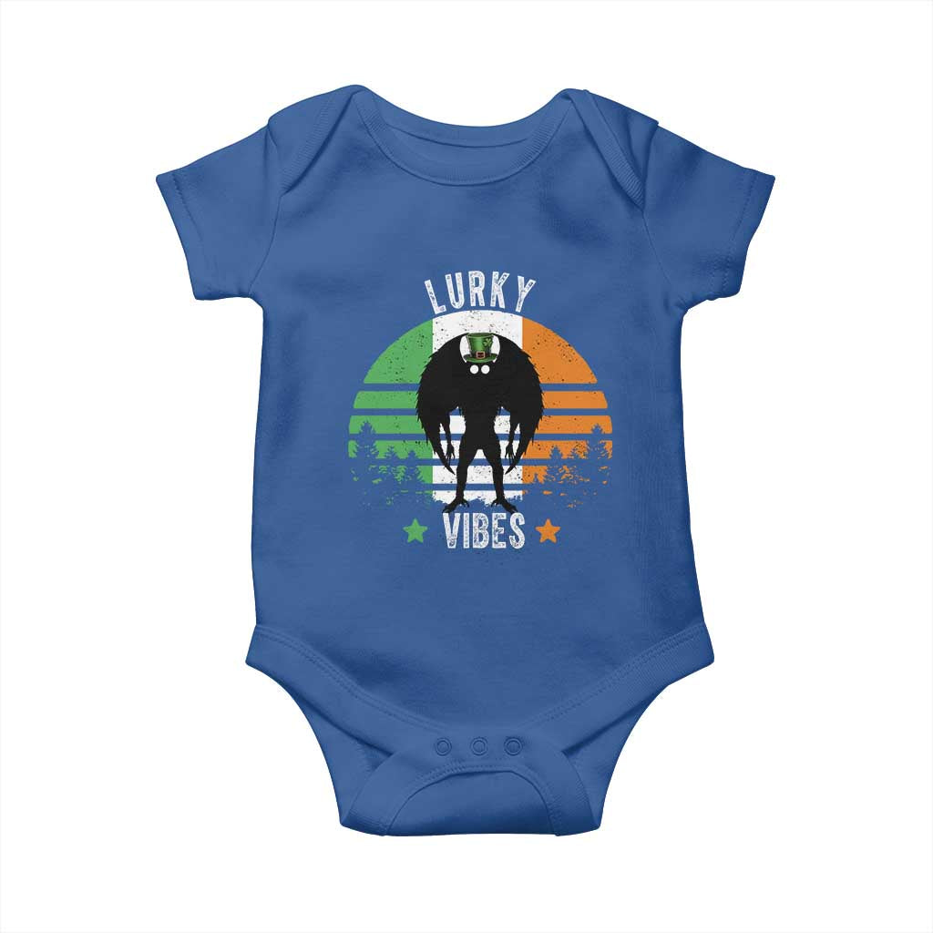Funny St Patrick's Day Mothman Baby Onesie Lurky Vibes Shamrock Retro Ireland Flag