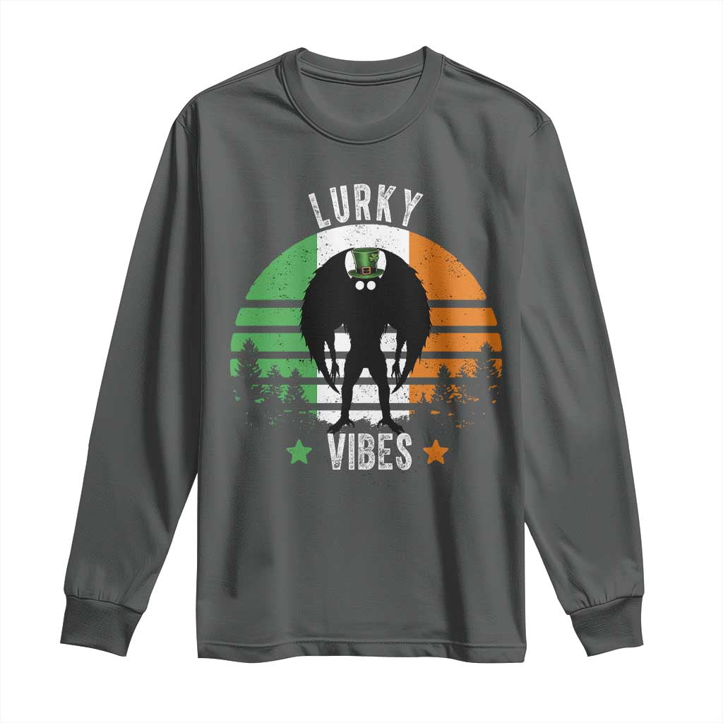 Funny St Patrick's Day Mothman Long Sleeve Shirt Lurky Vibes Shamrock Retro Ireland Flag