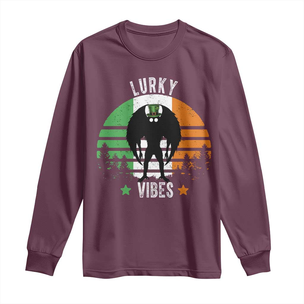 Funny St Patrick's Day Mothman Long Sleeve Shirt Lurky Vibes Shamrock Retro Ireland Flag
