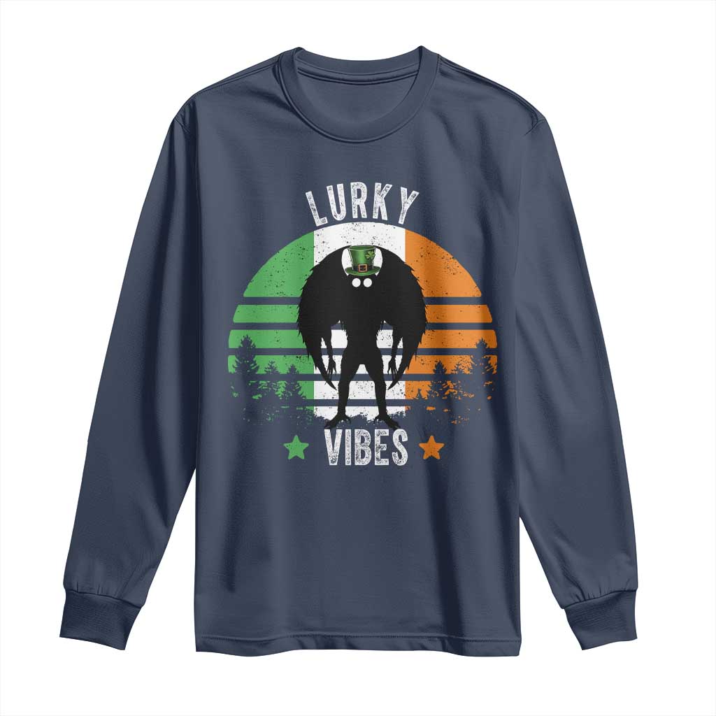 Funny St Patrick's Day Mothman Long Sleeve Shirt Lurky Vibes Shamrock Retro Ireland Flag