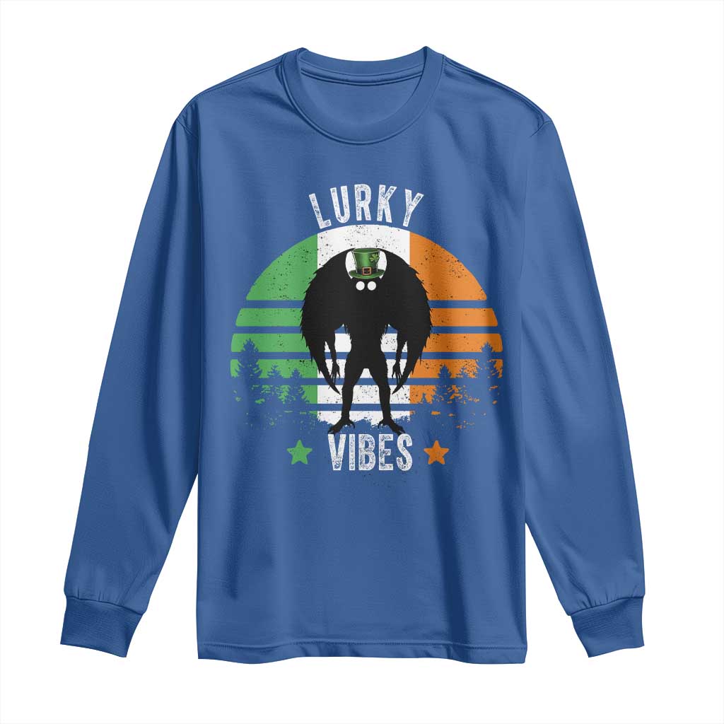 Funny St Patrick's Day Mothman Long Sleeve Shirt Lurky Vibes Shamrock Retro Ireland Flag